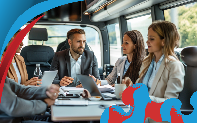 Corporate team travelling together in a coach for a conference, Corporate Travel, May 2024, the United Kingdom